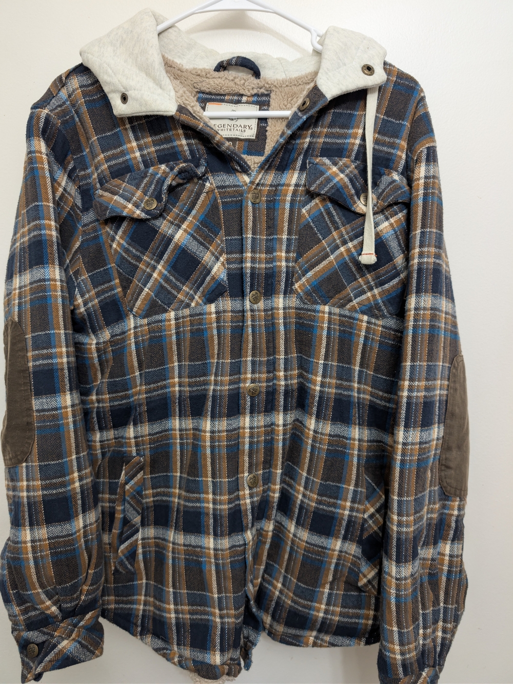 Legendary Whitetails Sherpa Lined Flannel Shirt Jacket Hooded Elbow Patches Med